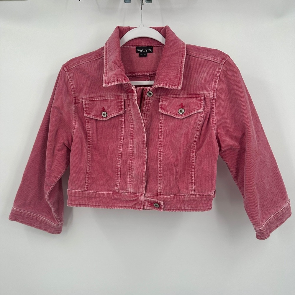 Wet Seal Womens Y2K Pink Cropped Corduroy Jacket Size L Preppy Coquette Indie